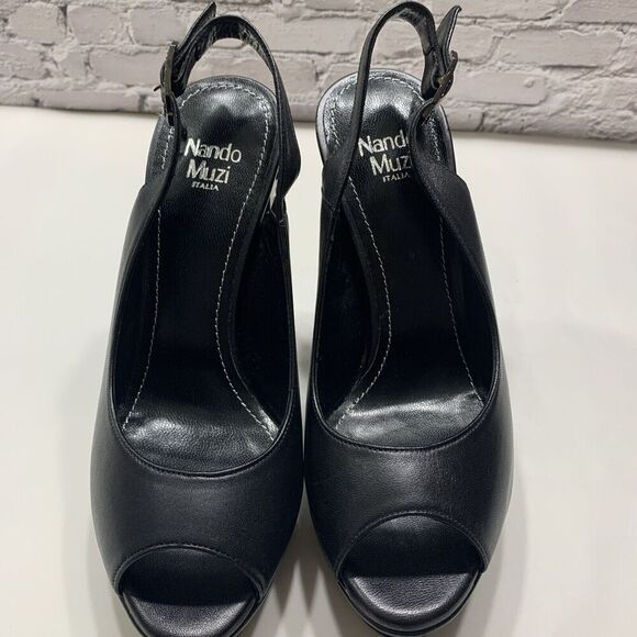 Nando Muzi Women’s Italian Leather Open Toe Jeweled Heels Pumps 36.5 Black - Picture 10 of 16